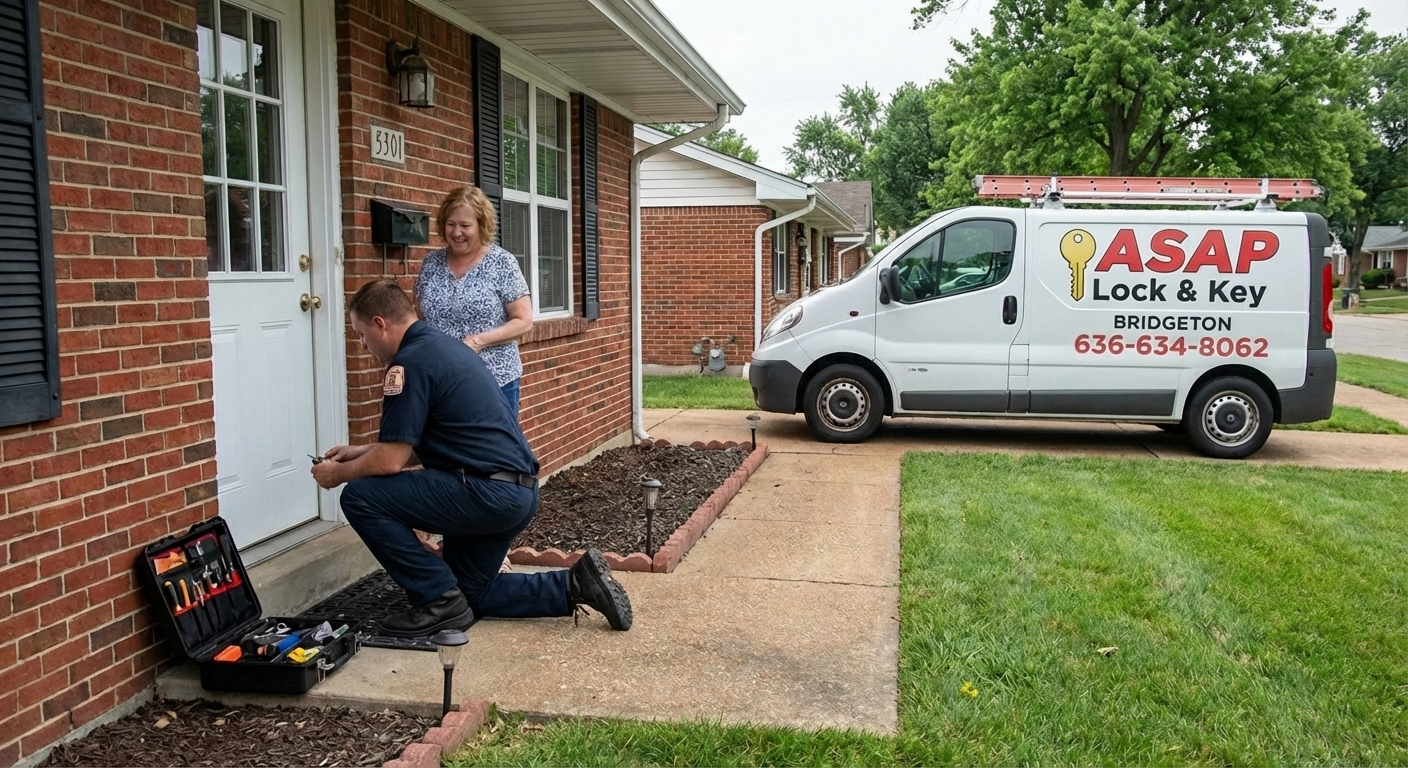 Locksmith repairing locks after break-in attempt in Bridgeton home