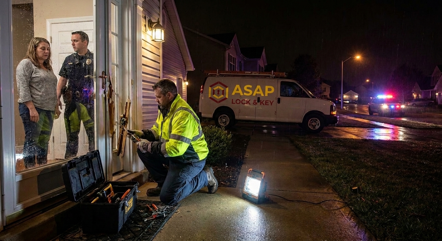 Locksmith securing a home in O’Fallon after a late night break-in